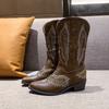 Ковбойские сапоги в стиле вестерн с заклепками, женские осенние модные туфли с вышитыми молниями и острым носком, рыцарские сапоги на толстом каблуке до середины голени