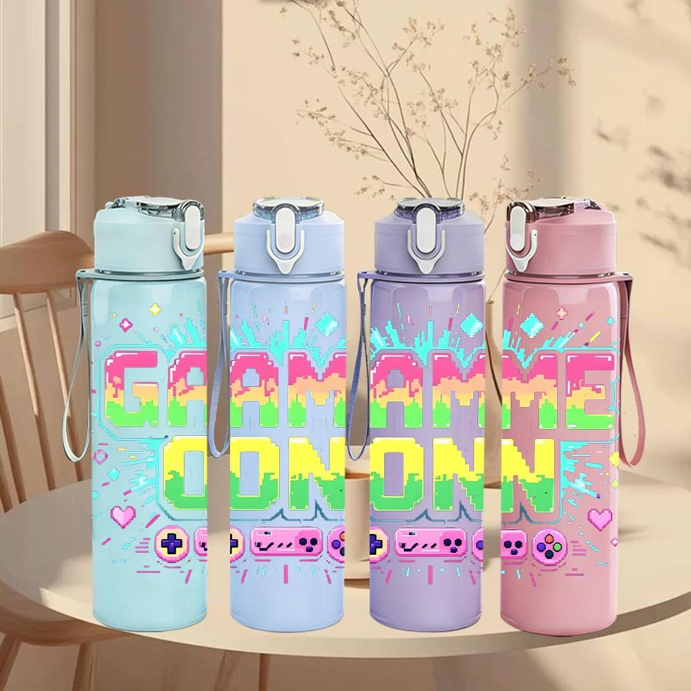 1PC Game On Neon Glow Text Pattern 750ml Color Plastic Sports Water Bottle Leakproof Flip Straw Lid Suitable for Sports Office Home Use
