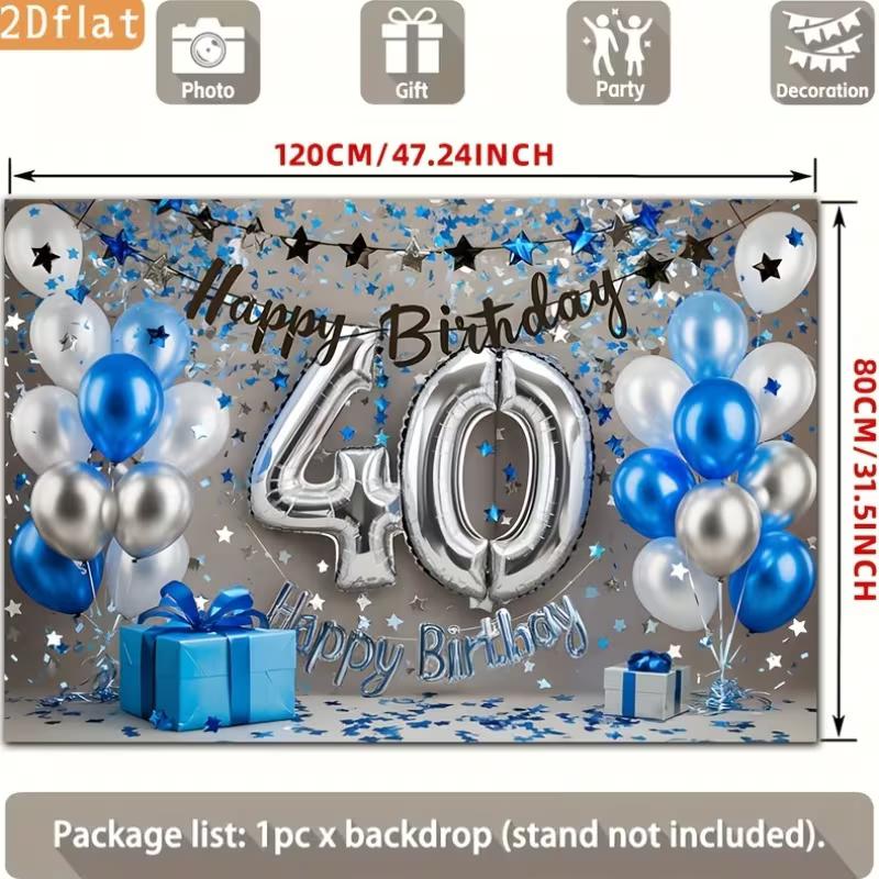 2D Blue Silver Balloon 40th Birthday Backdrop - Star Confetti Background Banner for 40th Birthday Celebration