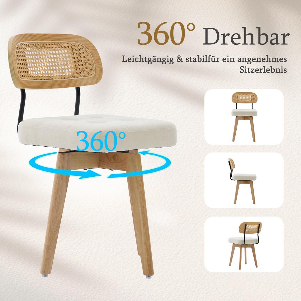 Set of 2 360 degrees Swivel Chairs, Kitchen Chairs in Mid-Century Modern Style, with Braided Backrest and Padded Seat (Beige, Chenille)