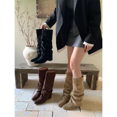 2025 осень и зима новая мода универсальные ботфорты до колена женские ботинки на толстом каблуке детские европейские и американские остроносые высокие сапоги