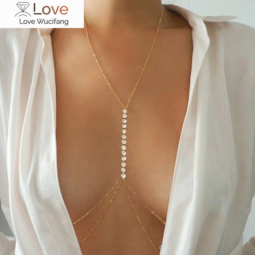 Kpop Simple Chest Bra Chain Waist Belly Necklace Choker Sexy Rhinestone Multilayer Body Chain Stainless Steel Jewelry For Women