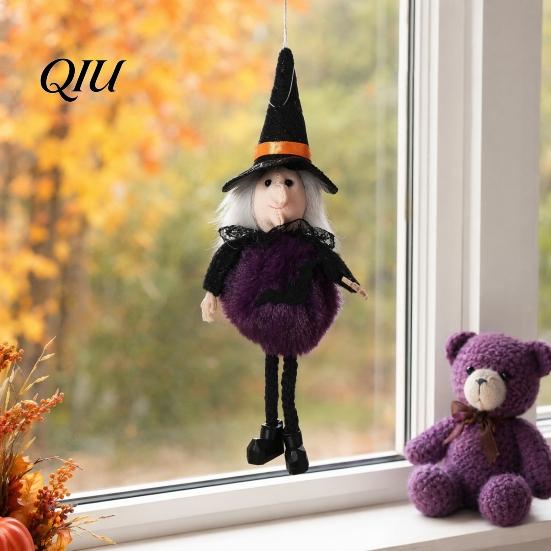 Halloween Collectible Doll Plush Pom Hanging Decoration, Pumpkin/Ghost/Black Cat/Witch Durable Ornament for Tree, Porch, Window Indoor Outdoor