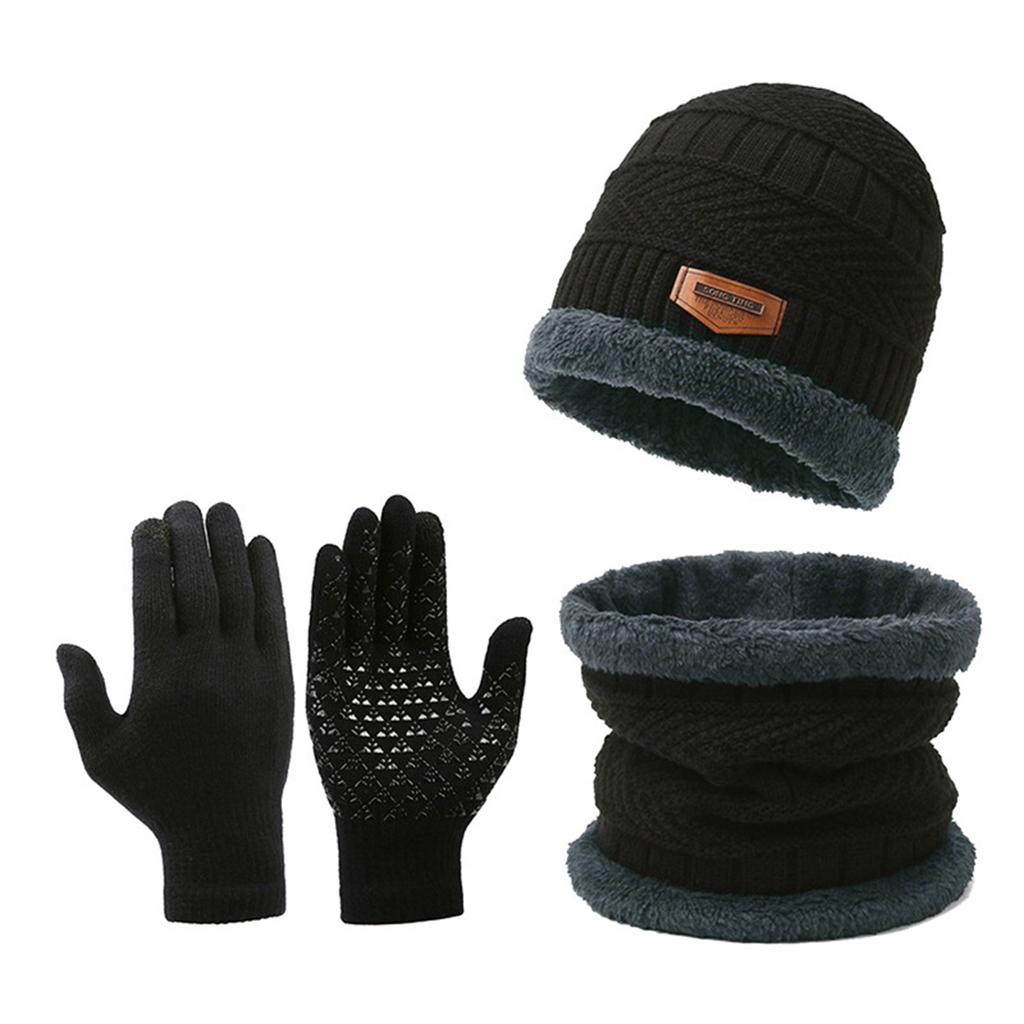 Three-piece Knitted Hat, Winter Warm Hat, Non-slip Screen Gloves, Plus Velvet And Thick Wool Scarf Hat