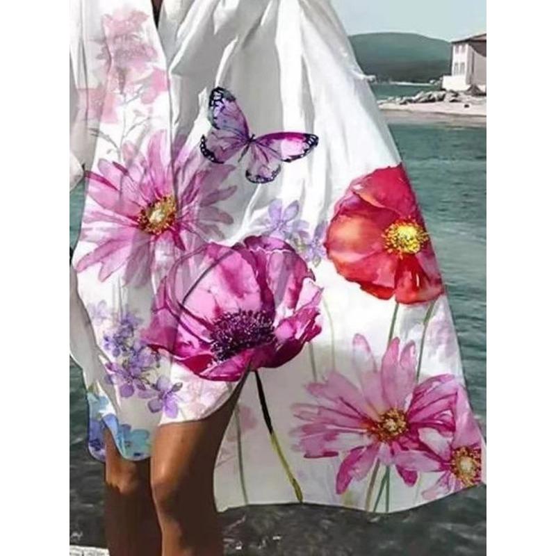 Летнее повседневное женское платье с принтом, свободное, большого размера, с длинным рукавом, А-силуэта, вечернее платье-рубашка, элегантная модная праздничная женская одежда 3391