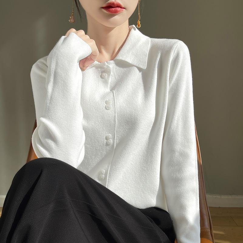 Весенне-осенний женский вязаный свитер с воротником поло и длинными рукавами, верхняя одежда, модная повседневная рубашка с простым низом, топы