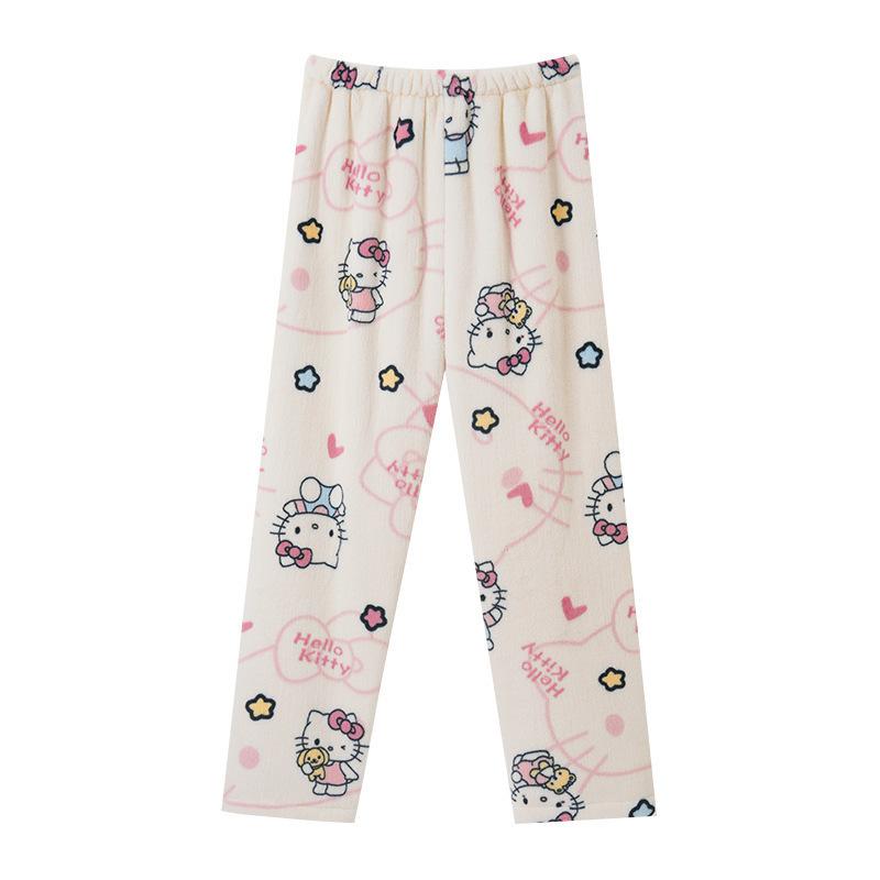 Женские Пижамные Штаны HelloKitty Мультяшные Флисовые Штаны для Отдыха на Хэллоуин Теплые с Флисовой Подкладкой Осень Зима