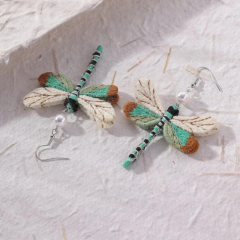 Style Vintage New Unique Embroidery Creative Cute Dragonfly Pendants for Women Personalized Fun Drop Earrings Jewelry