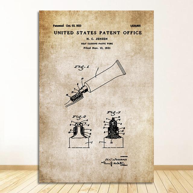Бумажный патентный плакат, винтажный холст с принтом, настенная художественная картина, современное украшение для ванной комнаты, индустриальный стиль, зубная паста, туалет