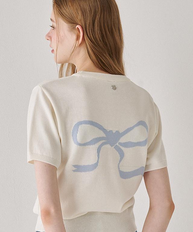 RONRON Heart Ribbon Jacquard Short Sleeve Knit Ivory Blue