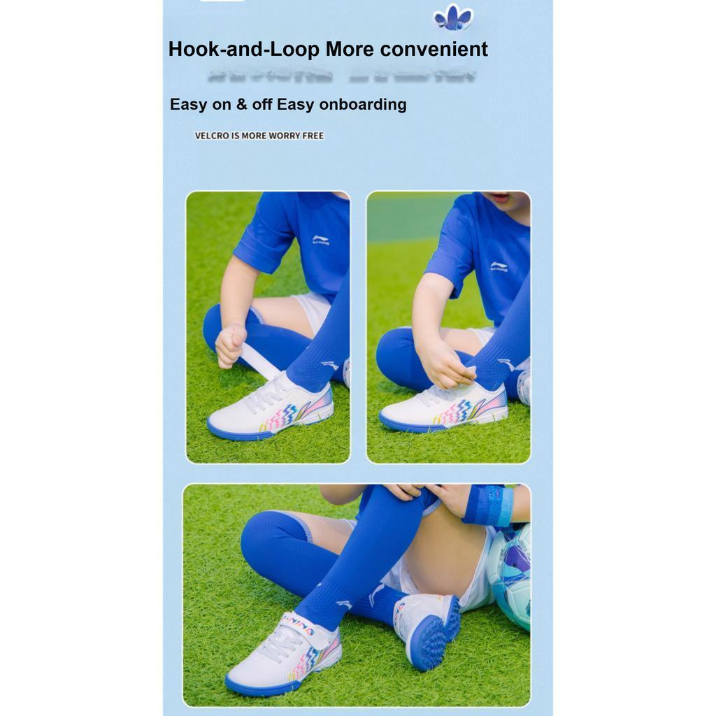 Li Ning Kids Artificial Turf Casual Shock Absorbing Durable Low Top Football Shoes Kids Football Shoes White Blue YKGU008-3