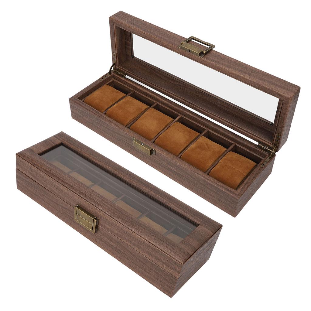 6 Slot Watch Storage Display Box Wood Grain PU Leather Lockable Wristwatch Protective Box