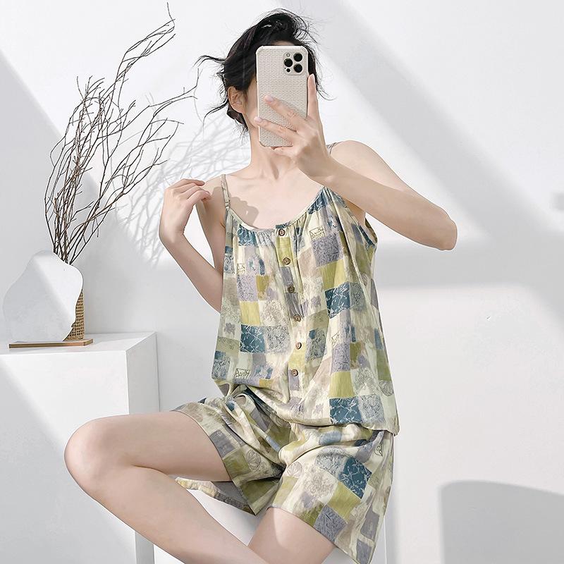 Summer thin floral suspenders pajamas women's French with chest pads can be worn outside sweet sleeveless loungewear cotton silk suit