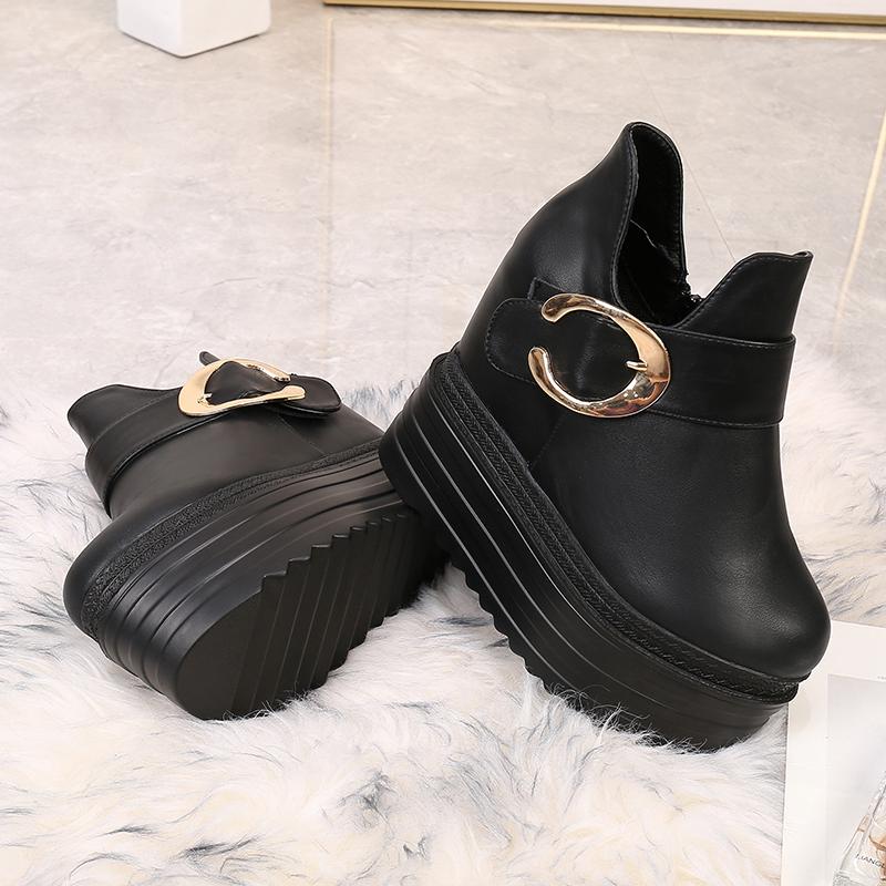 Gdgydh Модные женские ботильоны на танкетке с пряжкой, короткие ботинки на плоской платформе и каблуке с металлическим декором, увеличивающие рост, на молнии
