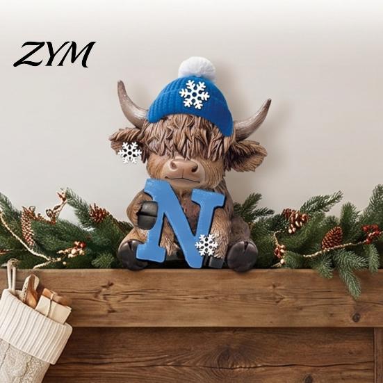 Interior Decoration Pieces 4Pcs Christmas Highland Cow Figurine, Winter Blue Yak Statues with Snowflakes Xmas Healing Style Home Hats, Farmhouse