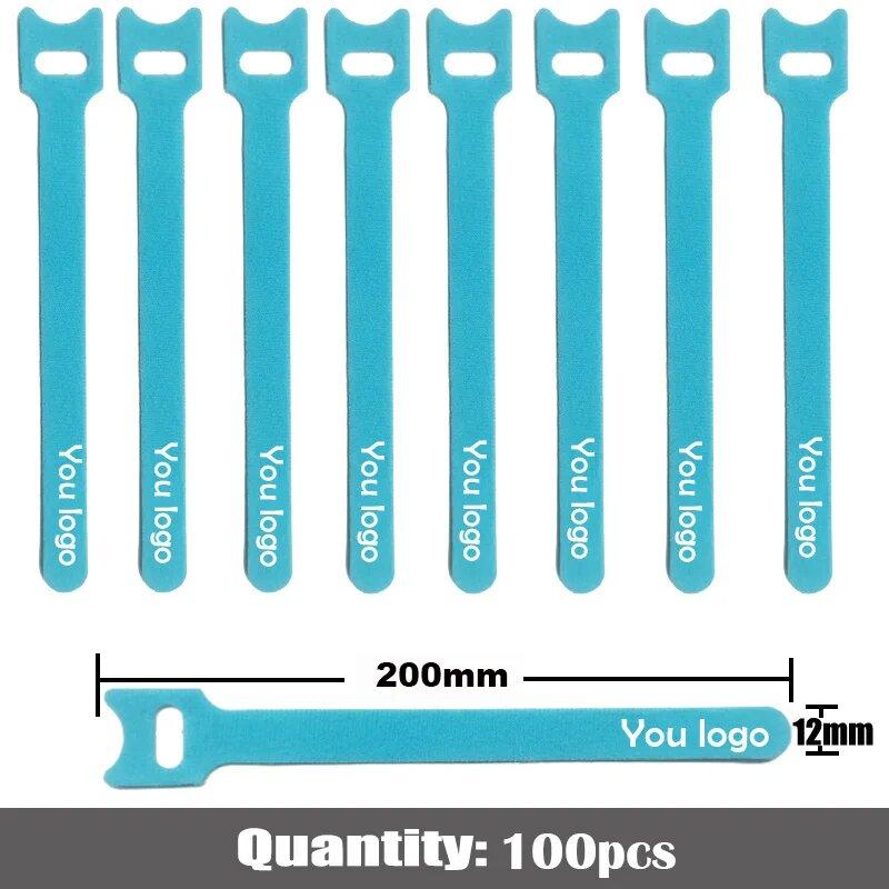 100pcs 200mm Customized LOGO nylon Reverse buckle hook loop fastener cable ties strap sticky Line finishing print your logo