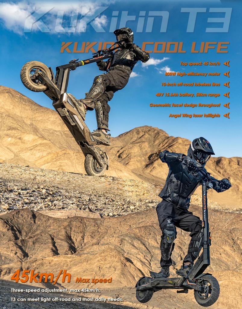 KuKirin T3 Foldable Electric Scooter 800W Brushless Motor 48V 15.6Ah 58KM Long Range 10" All-Terrain Off-Road E-Scooter