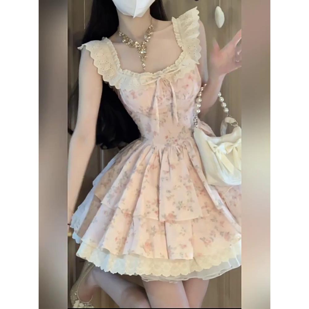 Самодельное платье принцессы с короткими рукавами-крылышками, нежным цветочным принтом на талии, приталенное, с квадратным вырезом, пышное, женское