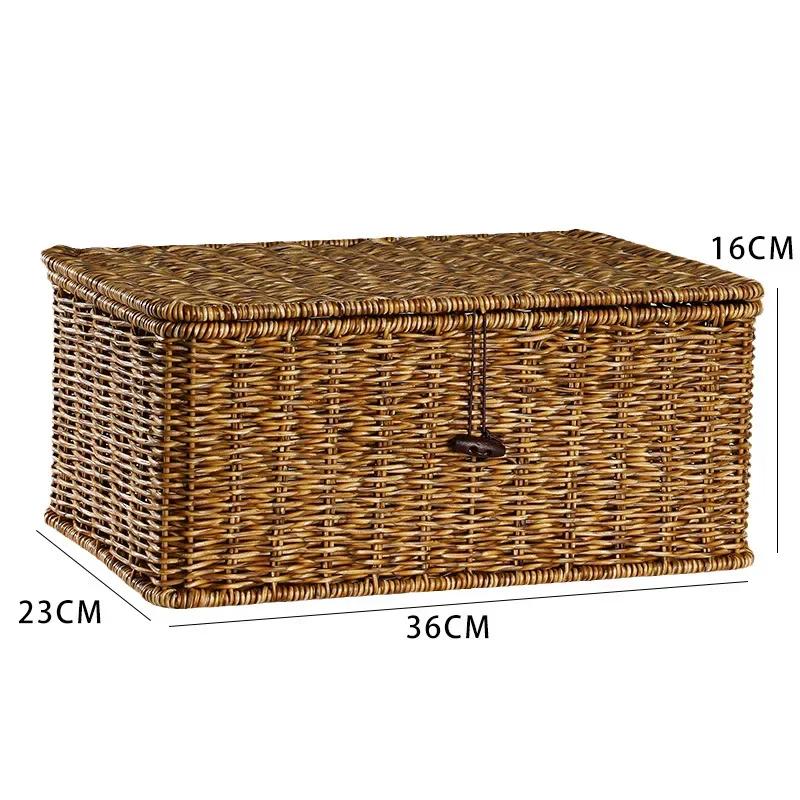 Household Storage Basket Imitation Rattan Woven Storage Box with Lid Clothes Sundries Rattan Basket Home Desktop Organizer Box