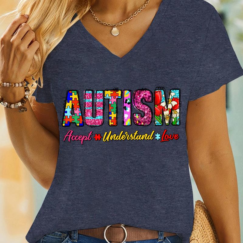 Retro Autism Tshirt Accept Understand Love Classic Tops Tees Women Tshirts Autism Awareness Gift for Mom Vneck Summer Clothes
