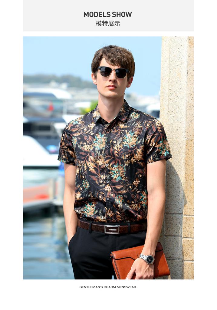 Lodz trendy contrasting printed shirt men's summer casual retro Hong Kong style top fashionable versatile skin friendly breathable shirt