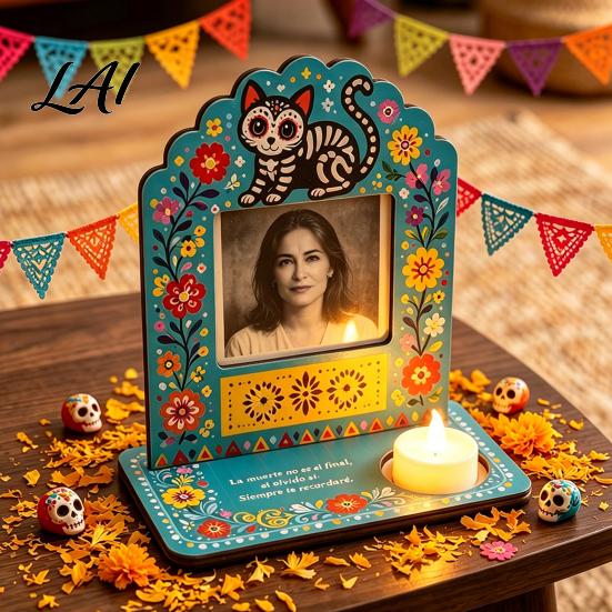 Photo Frames with Candle Holders Day of The Dead Frame Integrated Holder Decorative Mexican Cat Theme Holiday Ornaments Sugar Skull Picture
