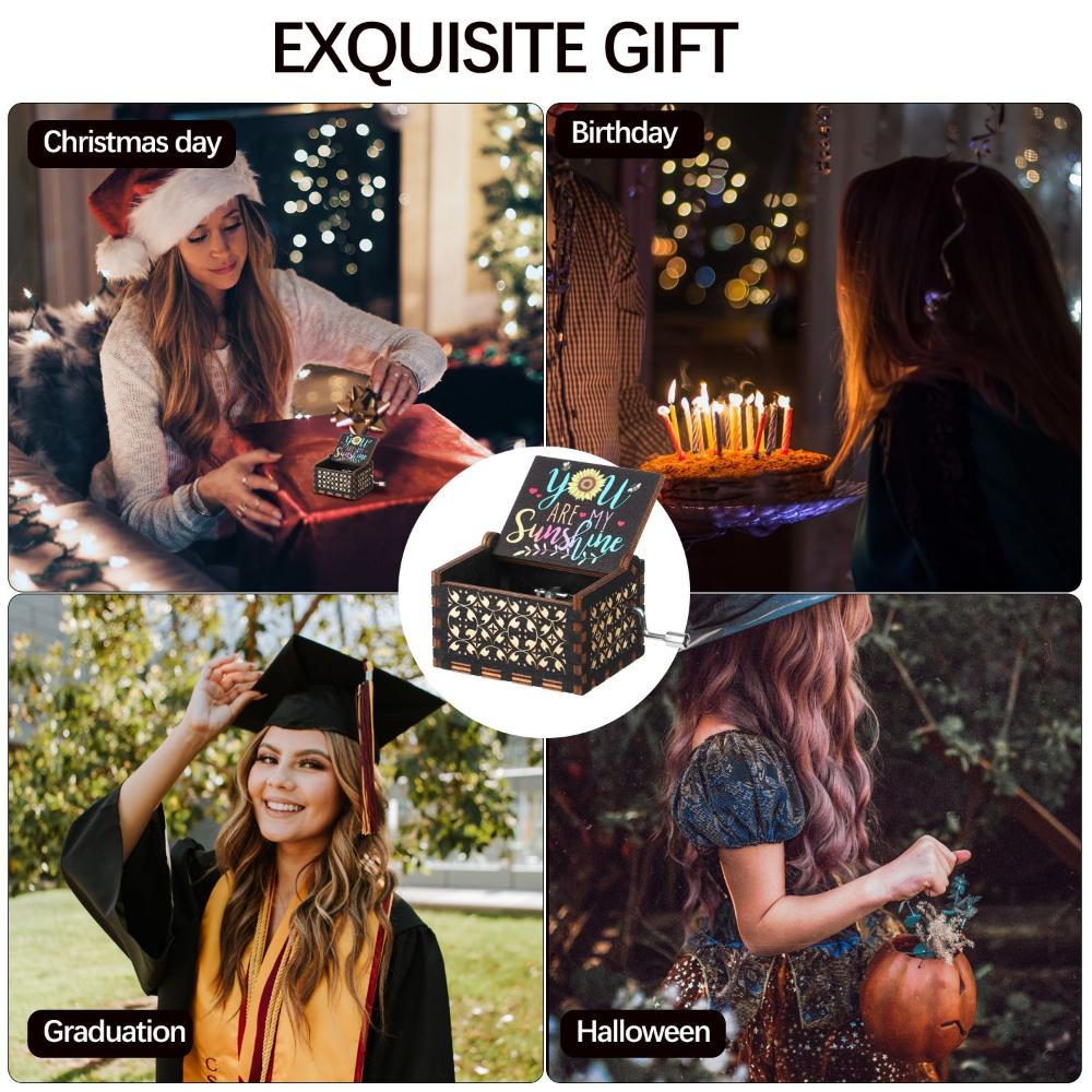 Day You Are My Sunshine Classical Music Box Wooden Hand Crank Musical Boxes Antique Engraved