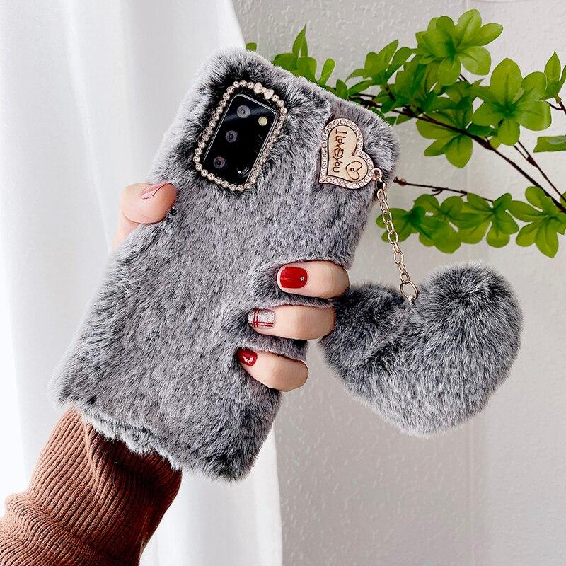 Чехол с подвеской в ​​форме сердца и кролика для Samsung Galaxy S21 S20 S10 S9 S8 Plus S7 A13 A33 A53 A12 A22 A32 A52 A21s A31 A51 A71, плюшевый чехол для телефона с волосами