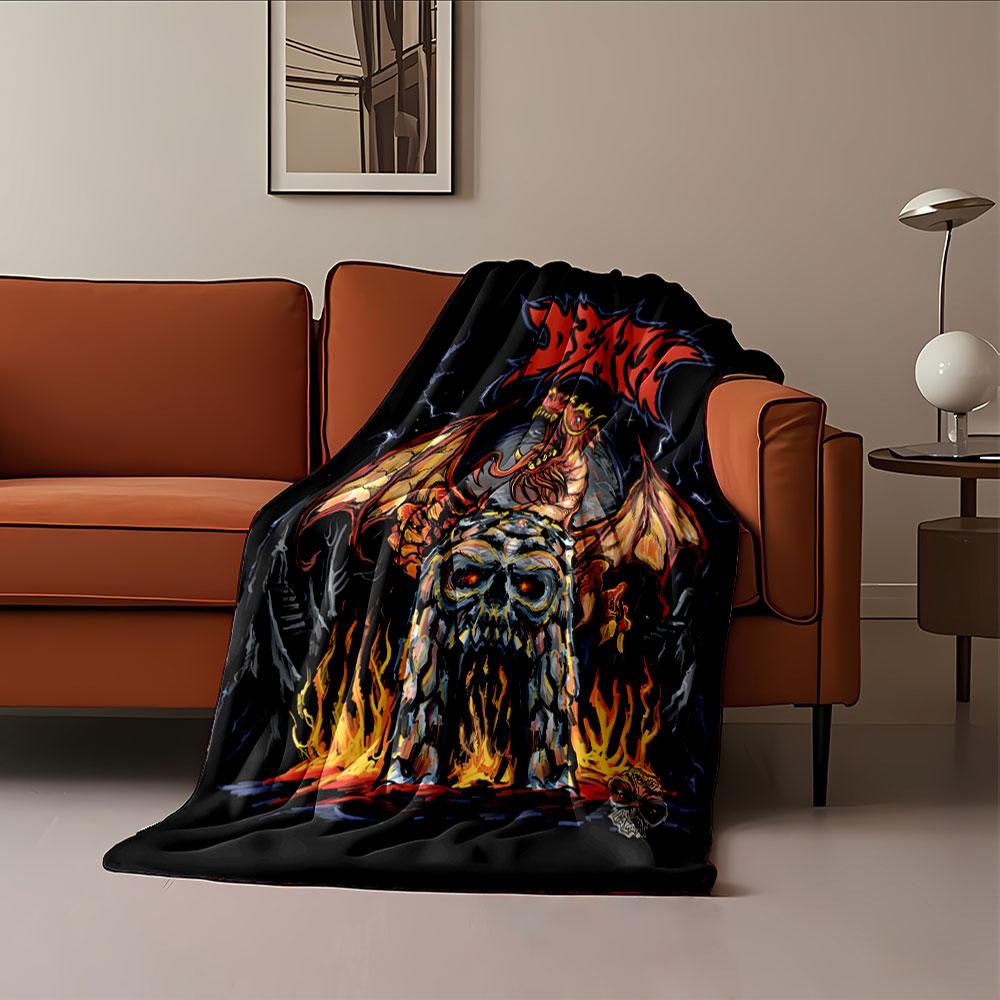 Fiery dragon, skull-shaped structure, and bold "DEATH" text design. for all seasons blanket lunch break throw gift