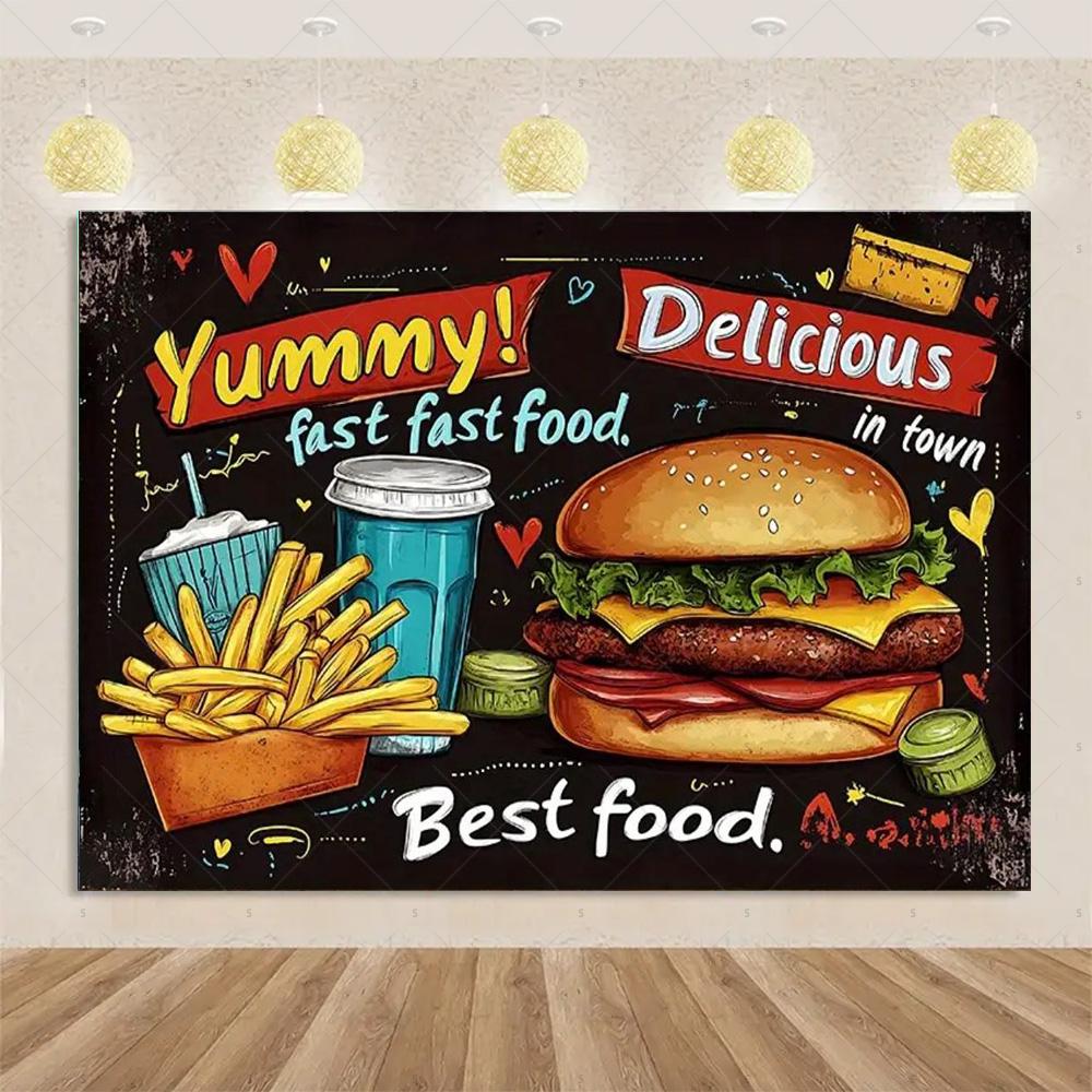 Pizza Hamburger Backdrop Supplies Quick Food Kid Birthday Party Decoration Cola French Fries Background Banner Photography Prop