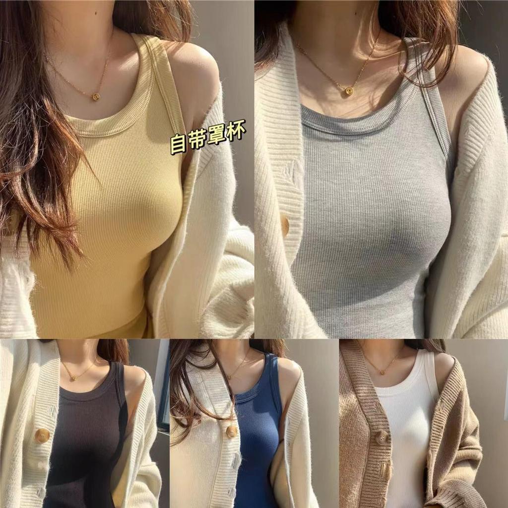 Женская корейская майка на бретелях с чашками - Встроенная чашка, Летний топ однотонной расцветки