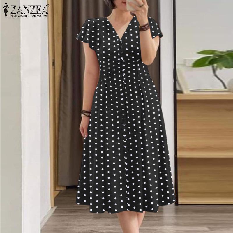 ZANZEA Женское повседневное платье с v-образным вырезом и коротким рукавом в горошек