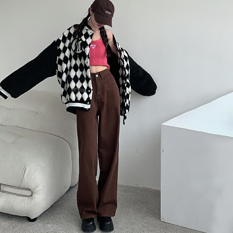 Коричневые джинсы, женские летние мешковатые прямые широкие брюки с высокой талией, женские повседневные уличные брюки Y2k, винтажные джинсовые брюки