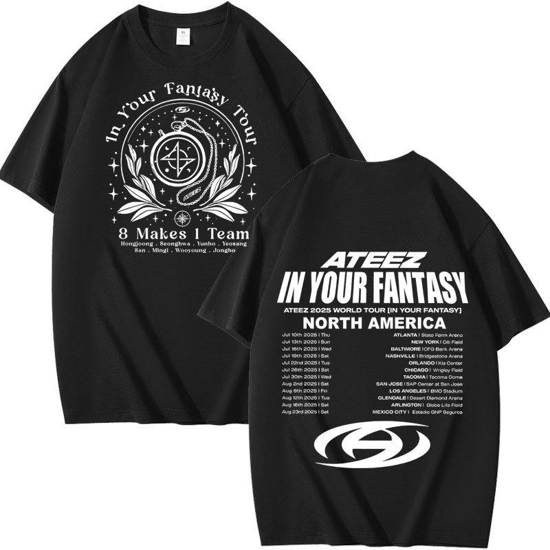 Винтажная футболка ATEEZ "In Your Fantasy", Спереди Белый Орнаментальный Значок с надписью "8 Makes 1 Team", Сзади Полный Список Дат Турне, Оверсайз Футболка для Фанатов K‑Pop