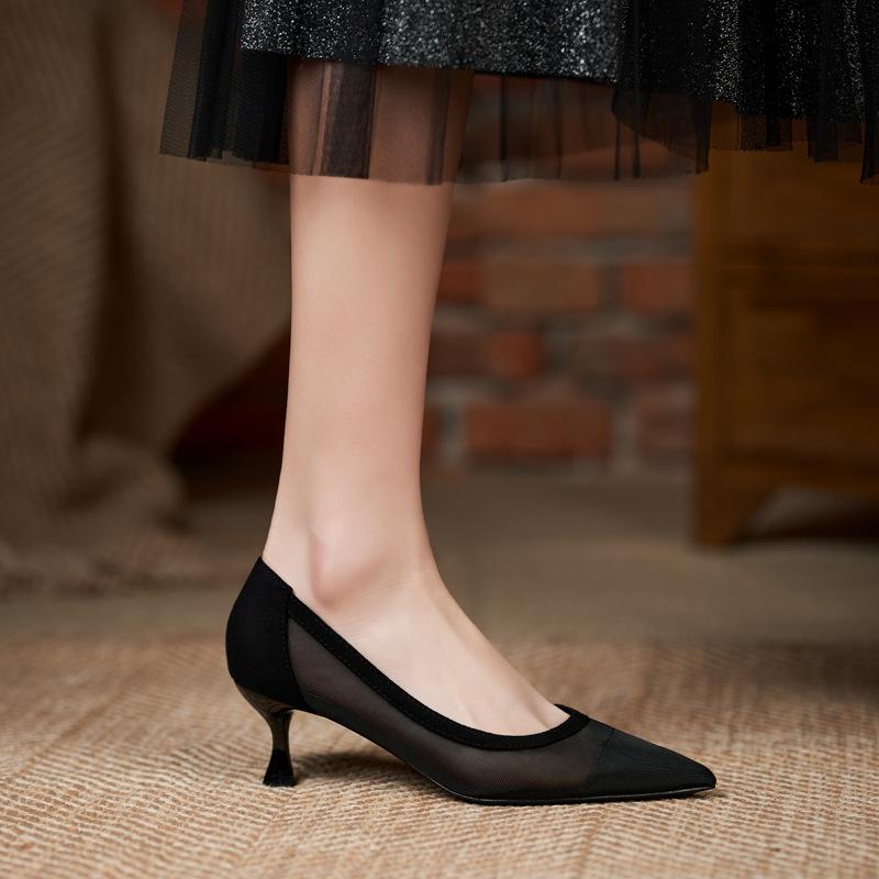 Comemore 2025 Spring Summer Thin Heels Pumps Women Pointed Toe High Heel Work Shoes Dot Mesh Vintage Elegant Shallow Stiletto 43