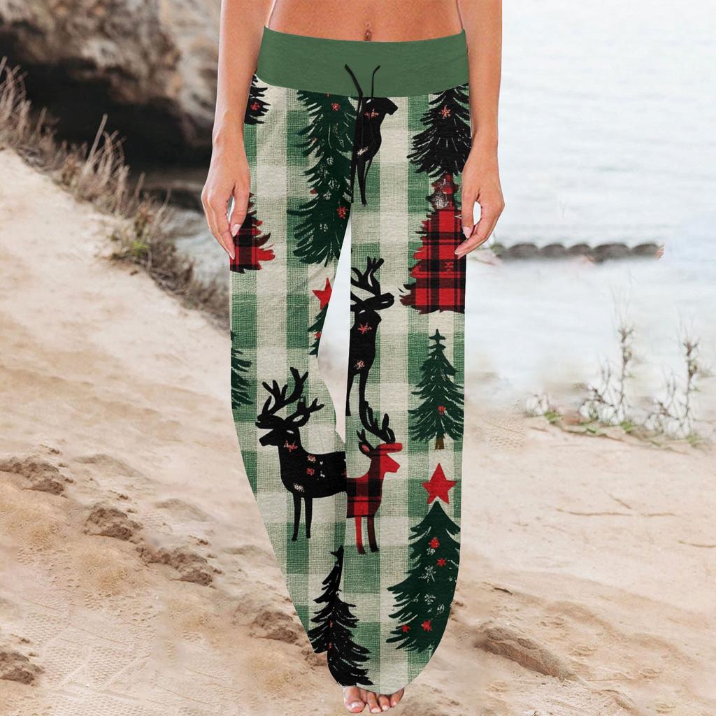 Women's Fashion Casual Comfortable Pajama Pants Christmas Print Drawstring Wide Leg Pants