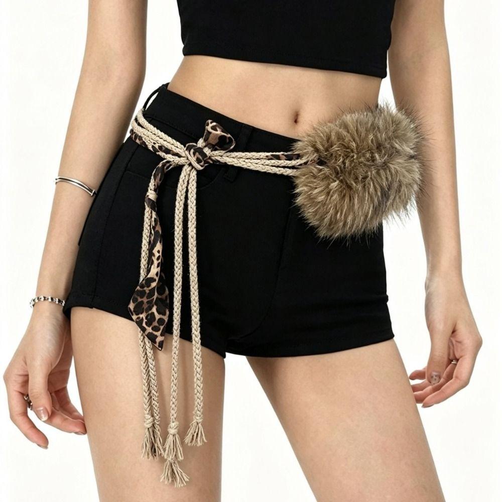 Pom-Pom Tassel Leopard Print Waist Belt Faux Fur Decorative Waistband Faux Fur Rope Belt For Women