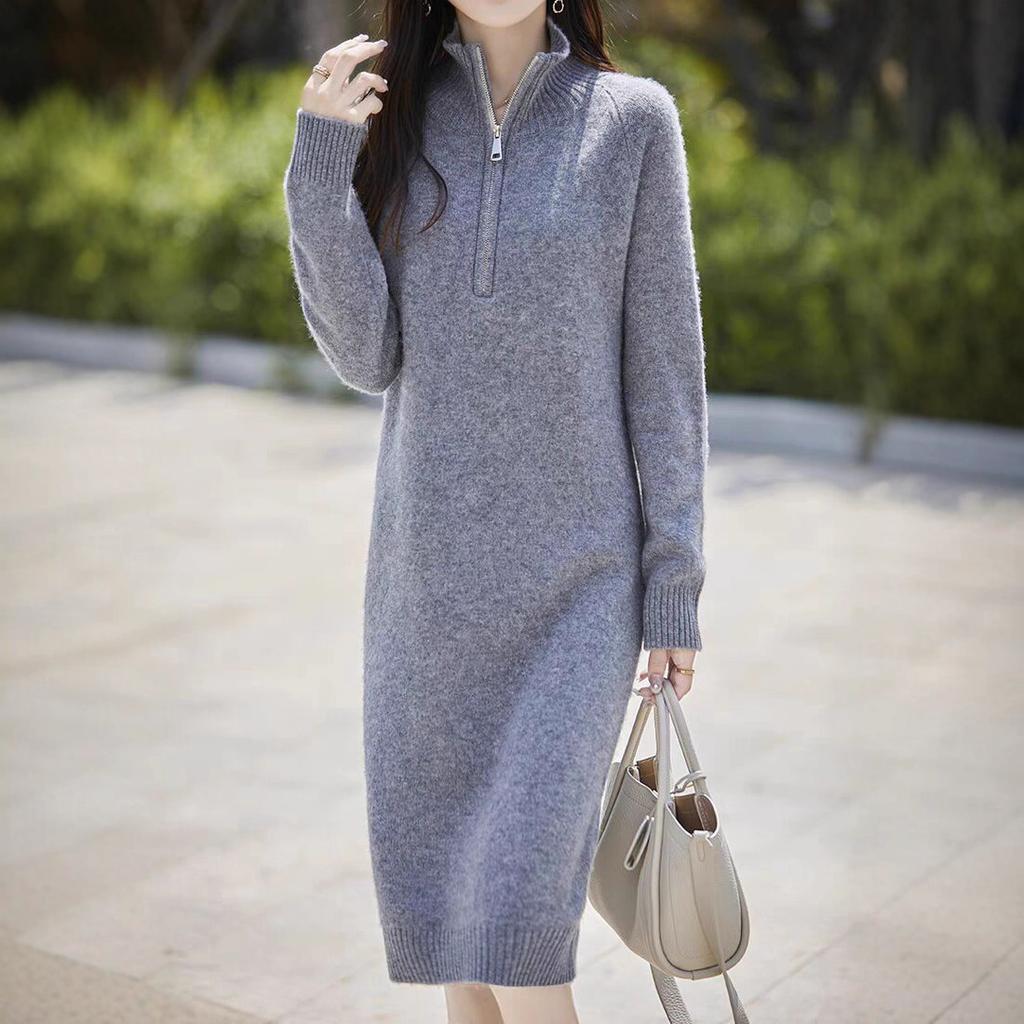 Gray Half-zipper Turtleneck Simple Knitted Primer Dress Autumn and Winter New Long Knee Sweater Skirt Women