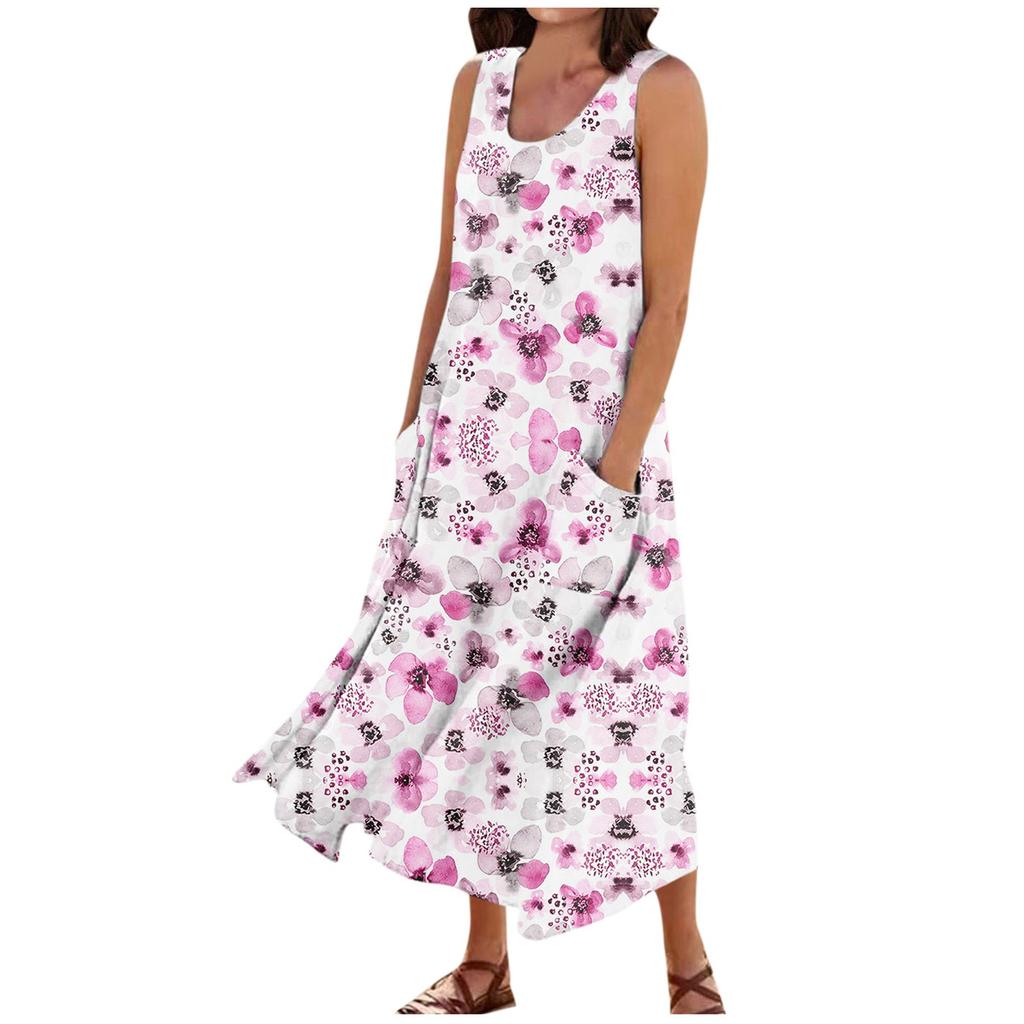 Женское летнее повседневное платье без рукавов с круглым вырезом и карманами