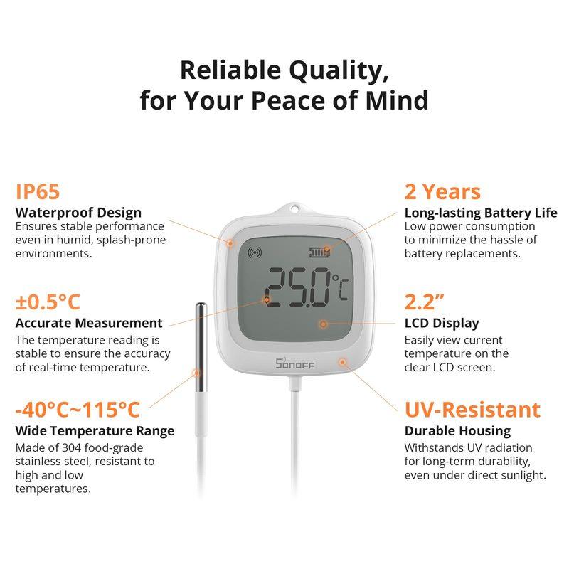 SONOFF SNZB-02LD IP65 Zigbee LCD Умный Термометр с Зондом для Измерения Температуры Жидкости в Бассейне, Ванне, Холодильнике, Морозильной Камере