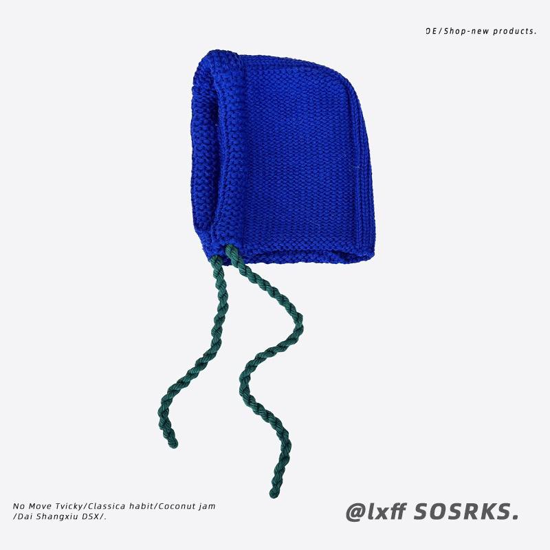 South Korea's new ins balaclava hat, ear protection, warm knitted pullover hat, thick thread, blue wool hat, men's Korea
