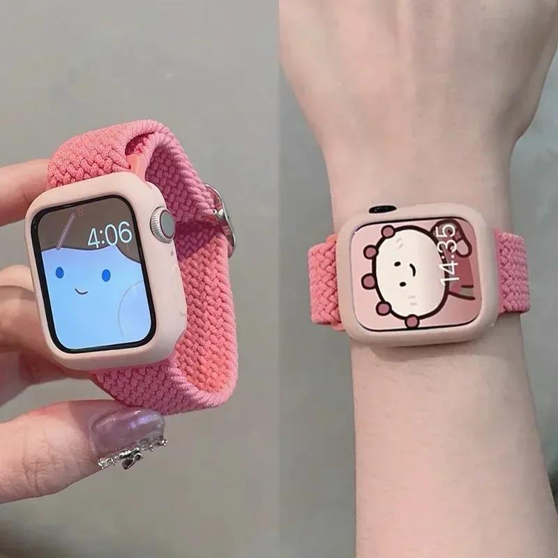 Корейский милый плетеный ремешок + Чехол для Apple Watch Band 49мм 46мм 45 44 38 42 Нейлоновый браслет для iWatch Series 10 9 8 7 6 5 4 3 SE