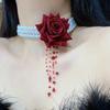 Neck Chain Multi-layer Halloween Dark Necklace, Women's Bead Dyed Blood Tassel Rose Flower Collar
