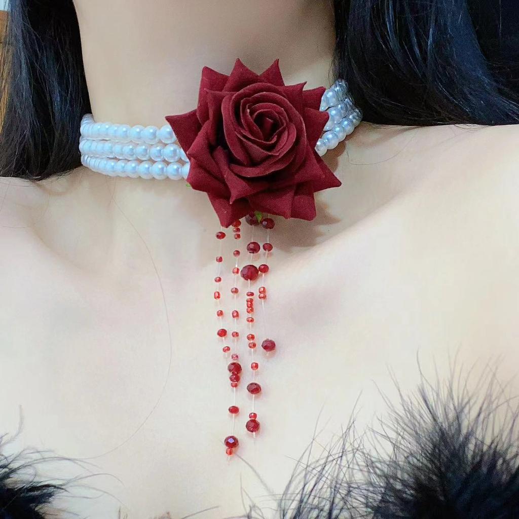 Neck Chain Multi-layer Halloween Dark Necklace, Women's Bead Dyed Blood Tassel Rose Flower Collar