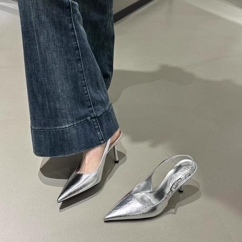 Fashion Shiny High Heels Slingback Silver Women Pumps Metallic Crystal Sandals Pointy Toe Stiletto Heeled Shoes Party Dress Shoes Woman
