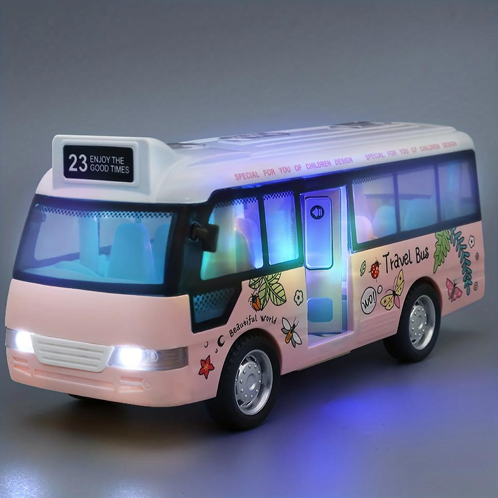 City Bus Toy Die-Cast Plastic Cars for Boys Girls Pull Back Play Vehicle with Sound Light Up Open-able Doors