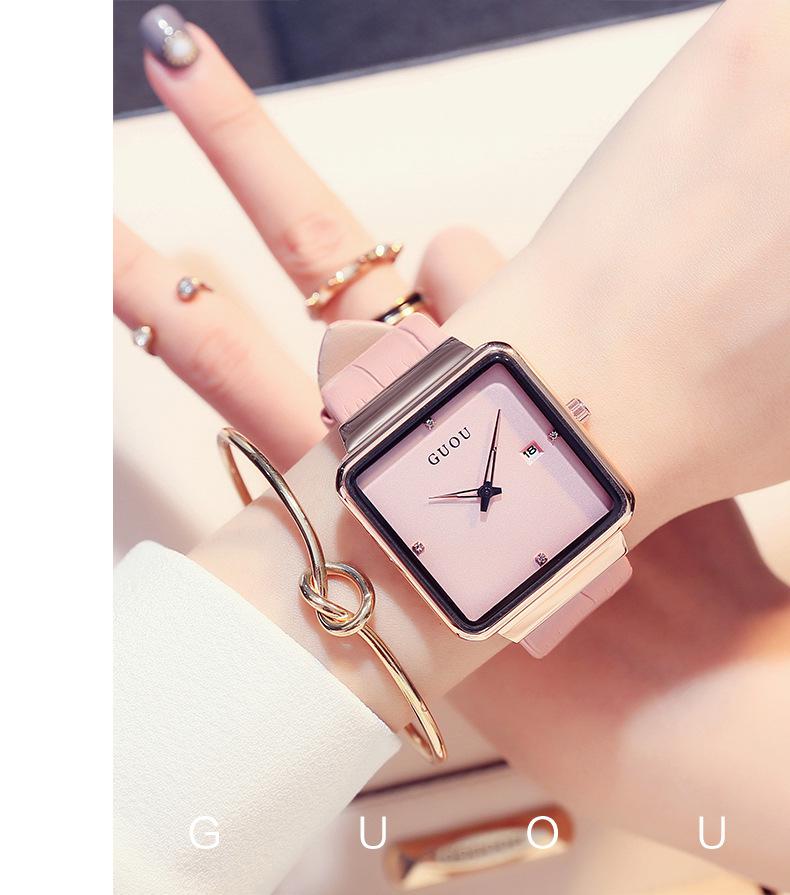Fashion Guou Top Brand Ultra Thin Ladies Luxury Advanced Gift Square Water Resistant Calendar Genuine Leather Wrsist Watches