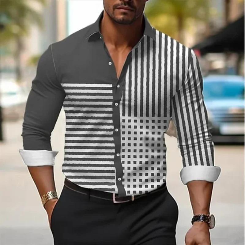 Striped Color Blocked Long Sleeved Shirt for Men In Spring Simple Solid Color Shirts Men’s