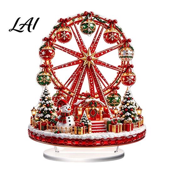 Christmas Holiday Decoration Decorative 2D Flat Tabletop Centerpiece Acrylic Carousels/Ferris Wheel/Tree Table Gift for Family Sign with Base Mantel