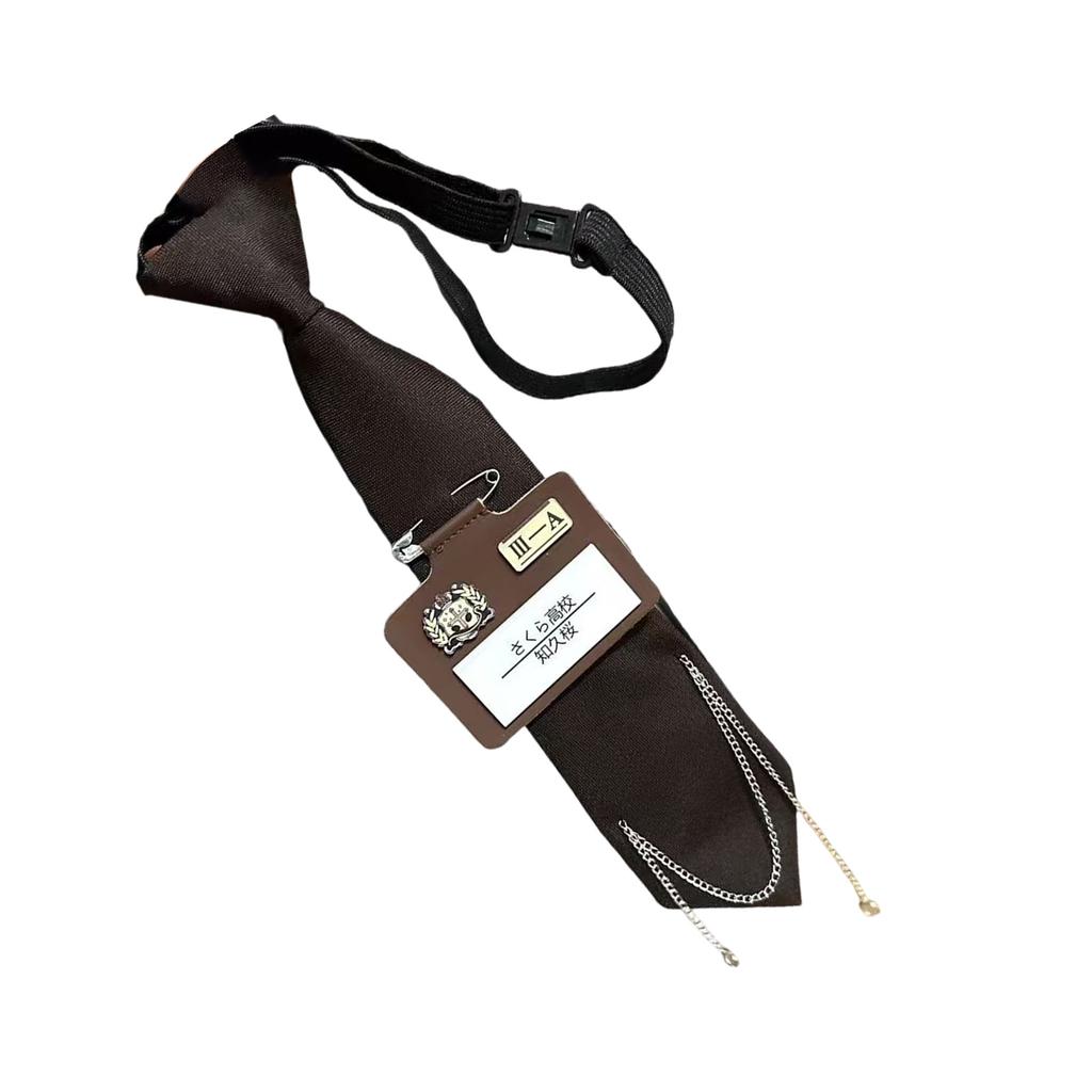 Campus Preppy Necktie with Pin Name Badge and Chain Student Uniform Adjustable Pre Tied Neck Tie Shirt Collar Neckwear
